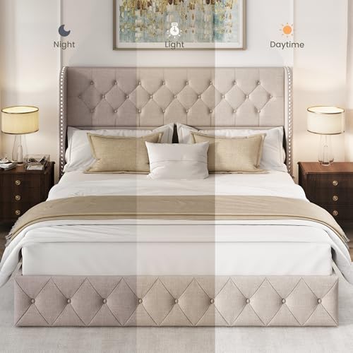 King Size Bed Frame with 4 Storage Drawers and Tufted Headboard Linen Upholstered Platform Bed Frame Wingback Beds with Wooden Slats Support