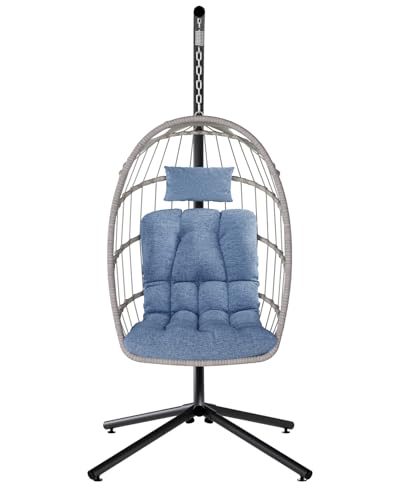 SWITTE Egg Chair Outdoor with Stand, Indoor Wicker Hanging Egg Swing Chair with Cushion, 350lbs Capacity for Patio, Bedroom, Garden - Gray