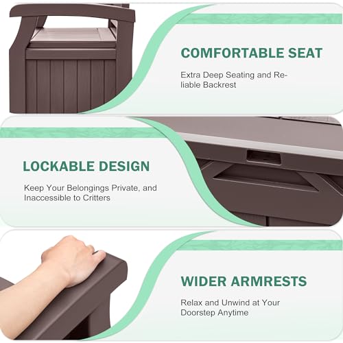 Greesum 80 Gallon Outdoor Storage Bench, Resin Patio Furniture with Armrest,Waterproof and UV-Resistant, Perfect to Garden, Poolside and Lawn