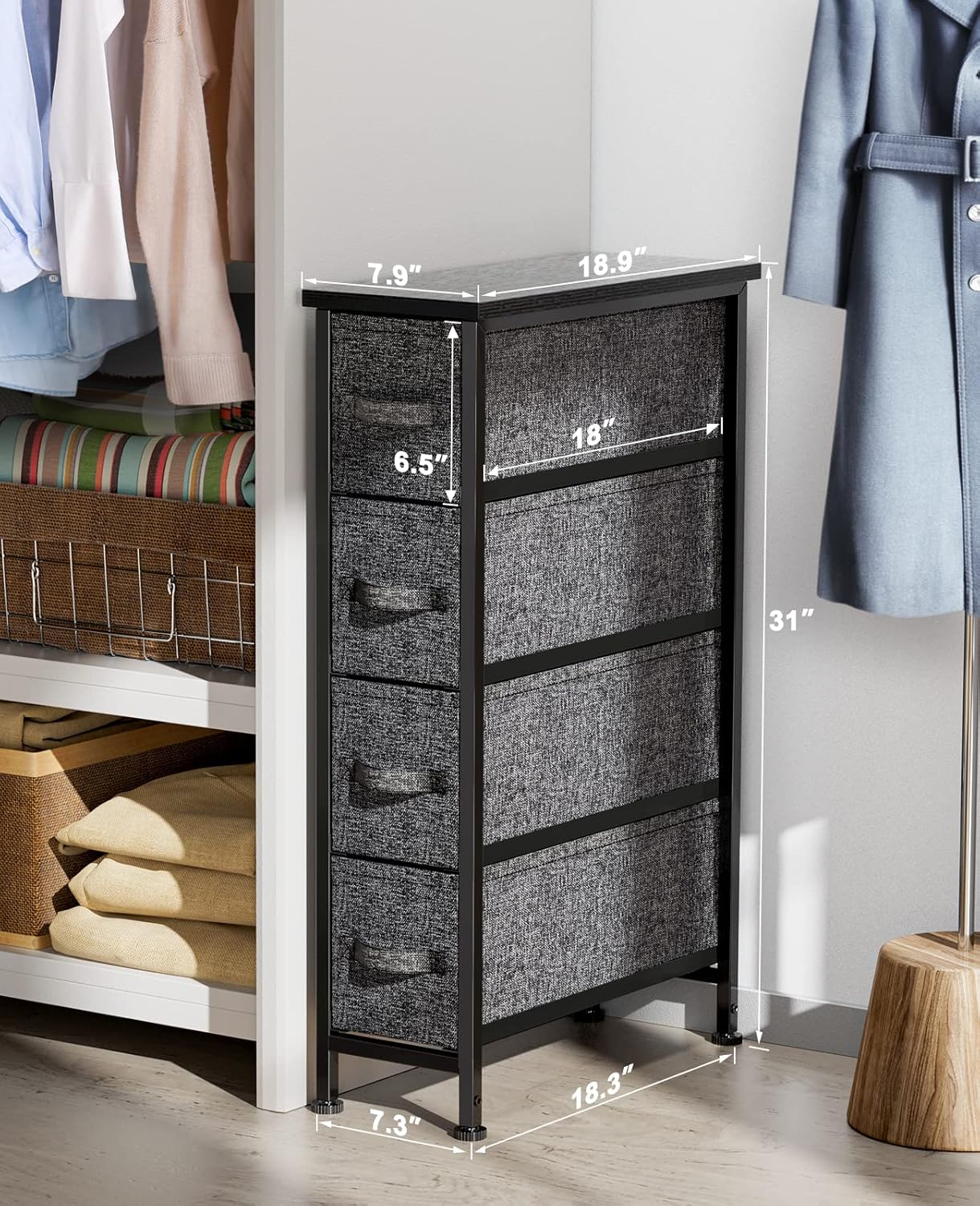 Pipishell Fabric Dresser, Narrow Vertical Dresser Chest Storage Tower with 4 Fabric Drawer, Tall Storage Dresser for Bedroom, Living Room