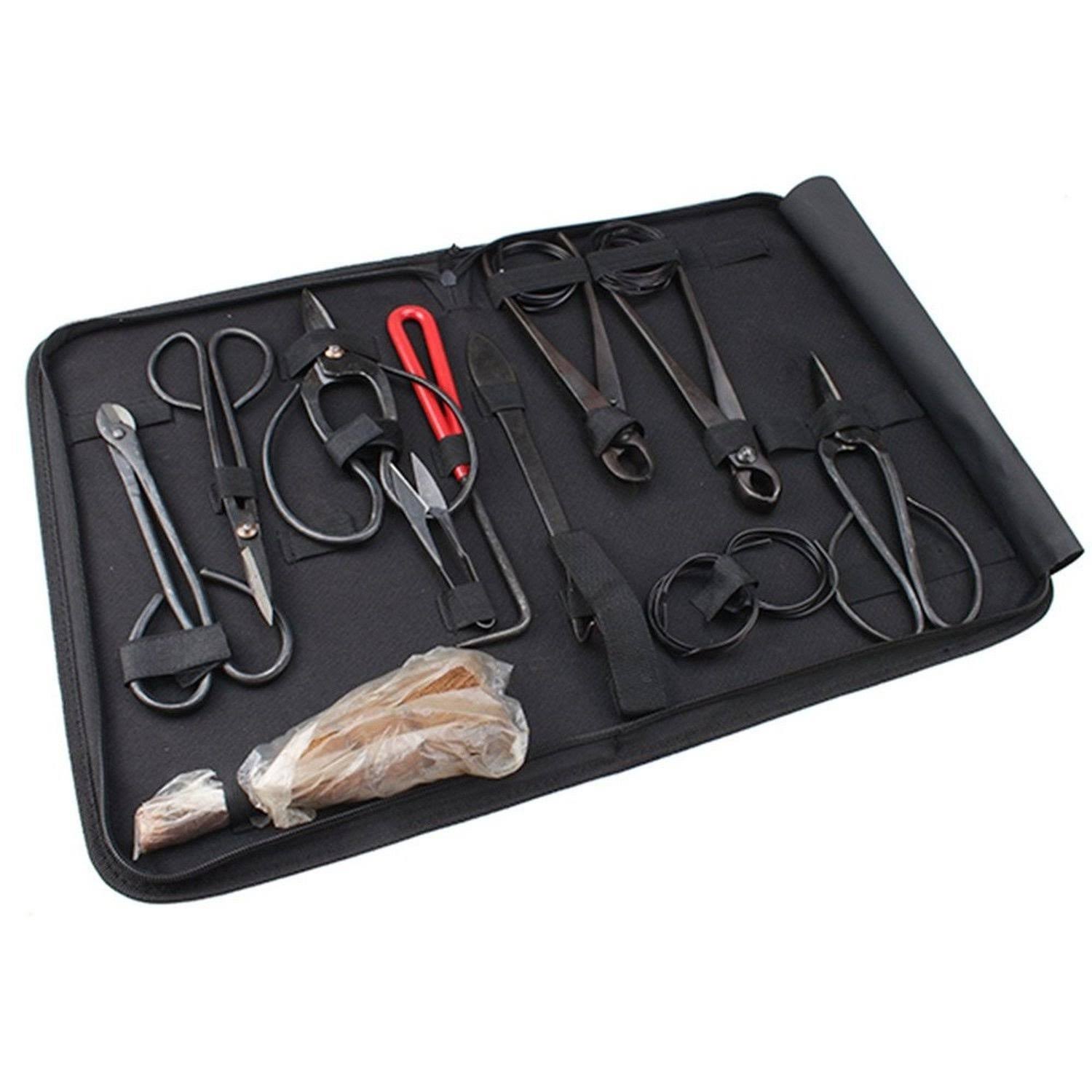 Image Carbon Steel Bonsai Tool Set 10-Pc Master Professional Shear and Brush Kit with Roll Wires in Heavy Duty Nylon Case