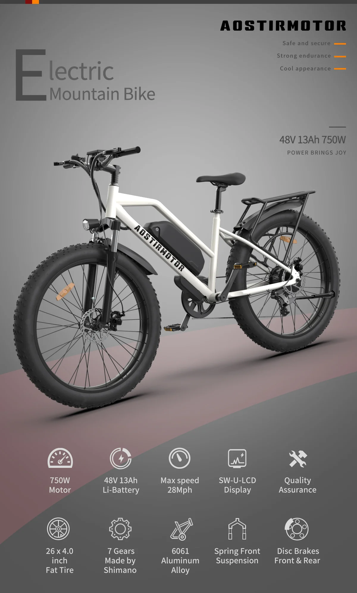 CLEARANCE! 26 750W Electric Bike Fat Tire P7 48V 13AH Removable Lithium Battery for Adults Girls with Detachable Rear Rack Fender(White)