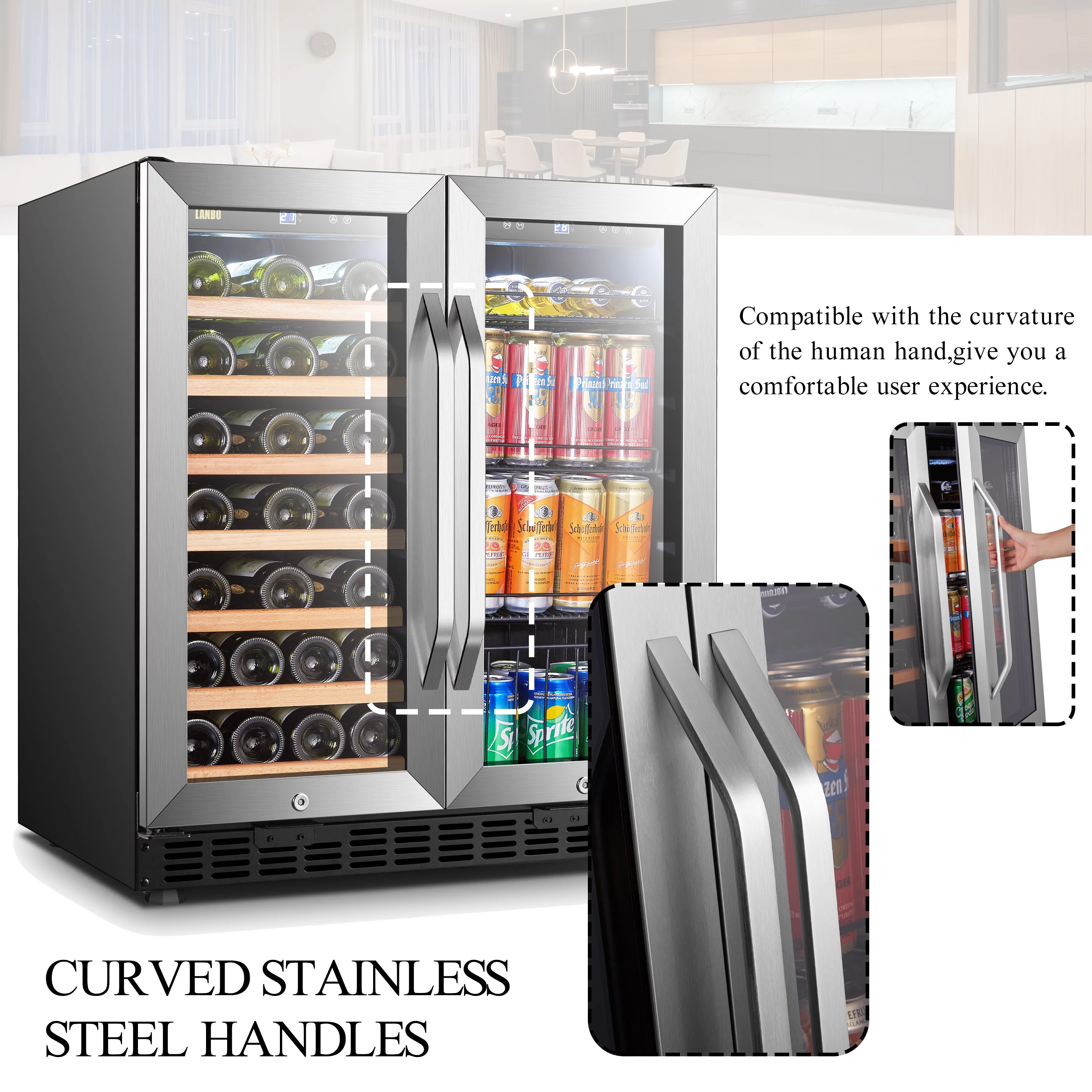 Lanbo 70 Can 33 Bottle Under Counter Dual Zone Wine Refrigerator and Beverage Cooler 30 inch Width