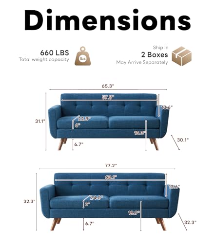 Tbfit L Shaped Couch Sofa, 80" W Mid-Century Modern Sectional Couches, 3 Seater Sofas with Wide Chaise Lounge & Two Pillows