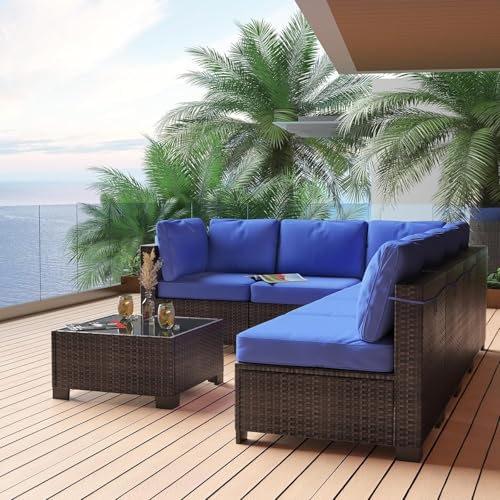 6 Piece Outdoor Patio Furniture Set with Coffee Table, Rattan Deck Conversation Sofa Set