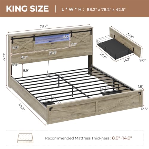 Hasuit Farmhouse Bed Frame California King Size with Storage Bookcase Headboard, Wooden Cal King Bed with LED Lights, Charging Station, 2 Drawers