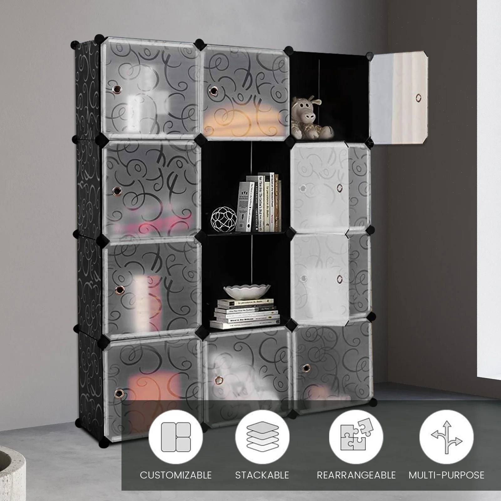 12-Cube DIY Portable Closet Cube Organizers, Plastic Bookshlef Wardrobe Cabinet Storage Organizer W/Doors