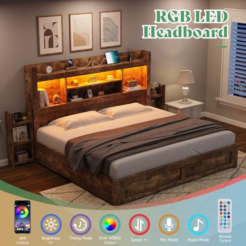 AMERLIFE Queen Bed Frame with 4 Storage Drawers, LED Platform Bed with 49" Bookcase Headboard