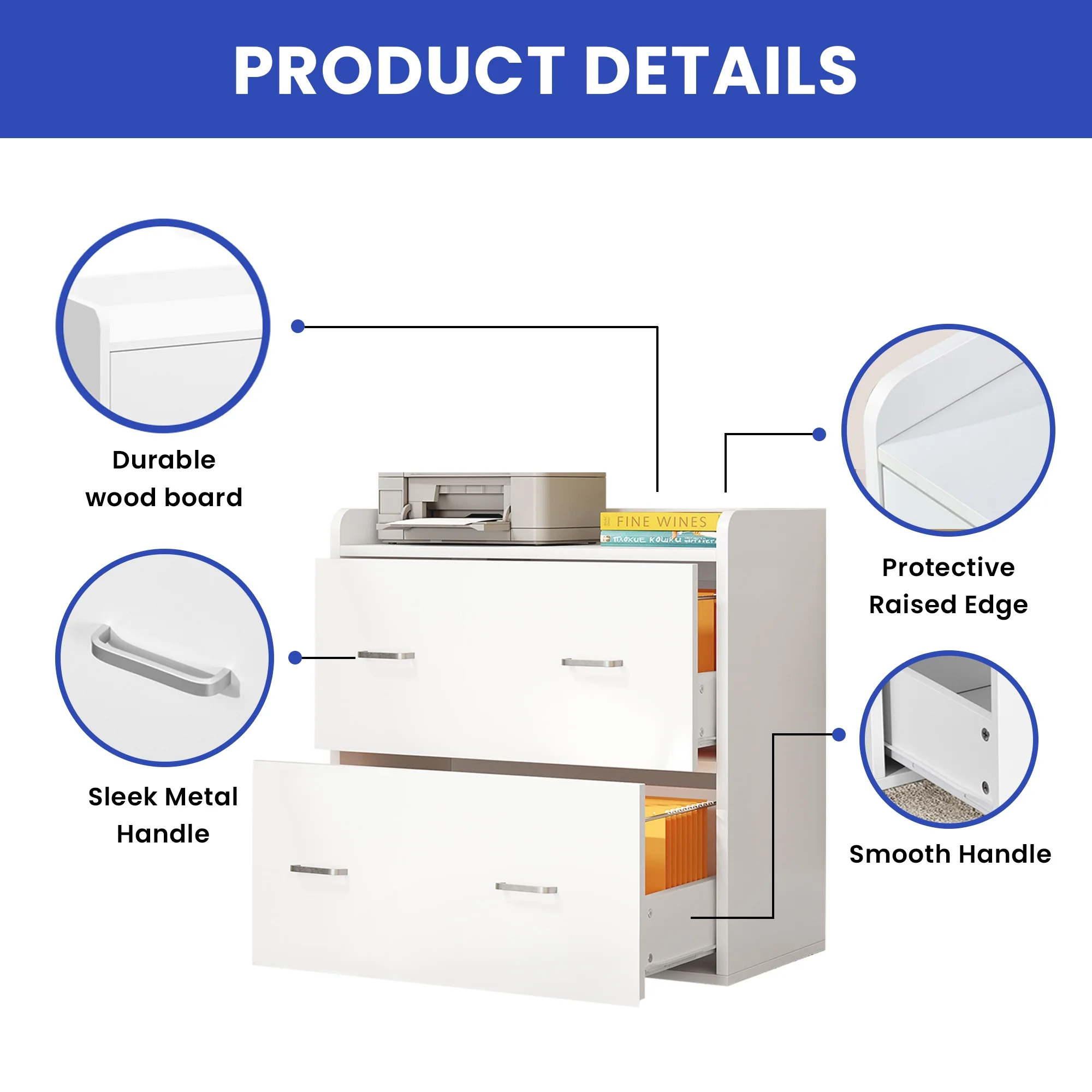 ModFusion 2-Drawer, 4-Metal Drawer Handle A4 Legal Letter Files Organizer Wood Cabinet with Charging Hub Station, White - Curated Treasures Market