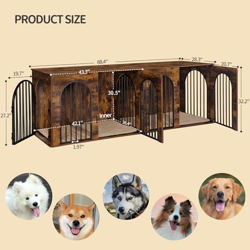 71" Dog Crate Furniture for 2 Dogs, Heavy Duty Indoor Dog Kennel TV Stand, XXL Wooden Dog Cage with Divider for Medium Large Dogs