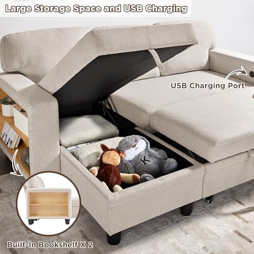 RedLemon 80” Sleeper Sofa Bed,L-Shaped Convertible Sectional Couch with Storage Chaise,2 Built-in Bookshelves and USB Charging Port