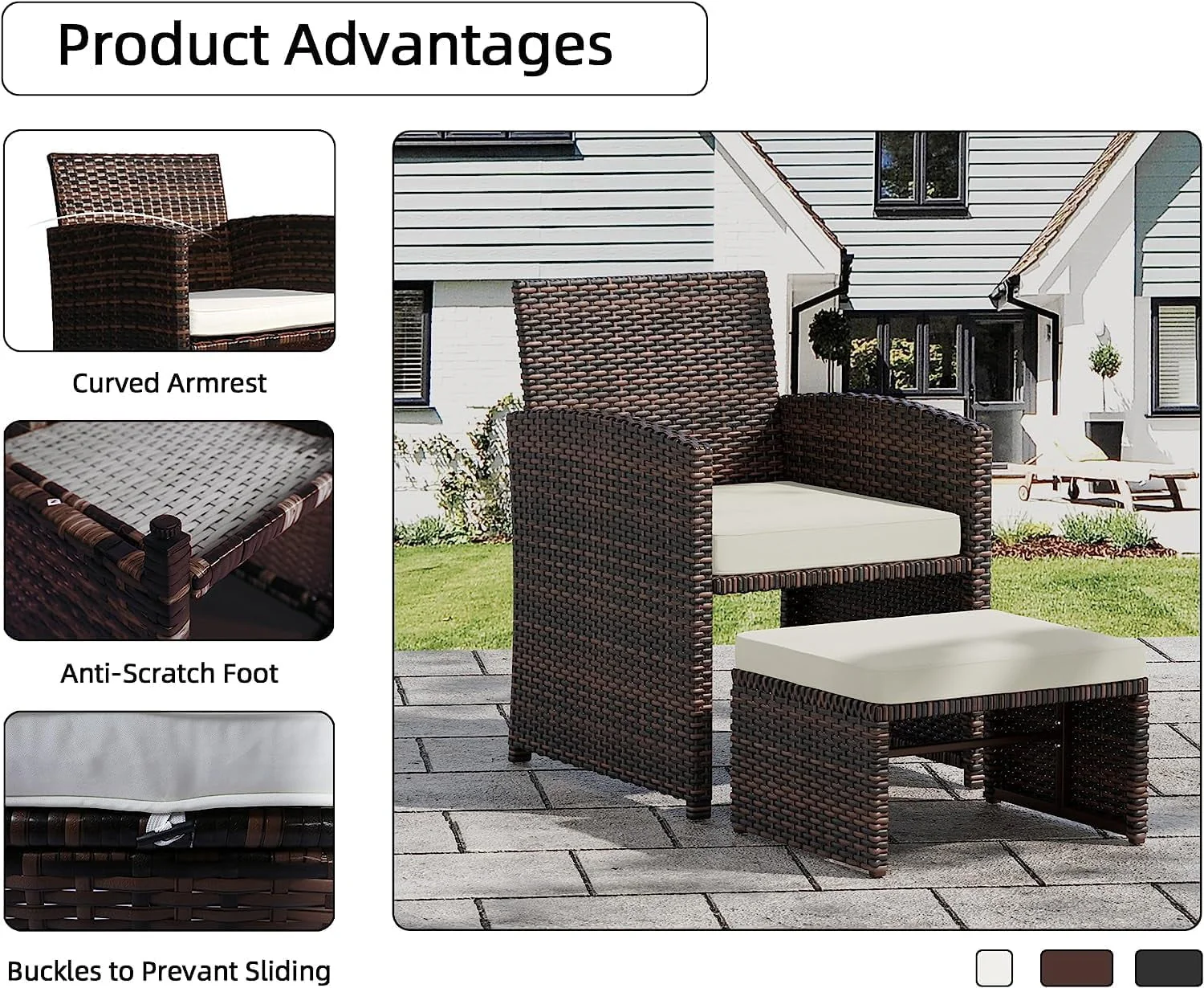 LHBcraft Balcony Furniture 5 Piece Patio Conversation Set, PE Wicker Rattan Outdoor Lounge Chairs with Soft Cushions 2 Ottoman&Glass Table for Porch