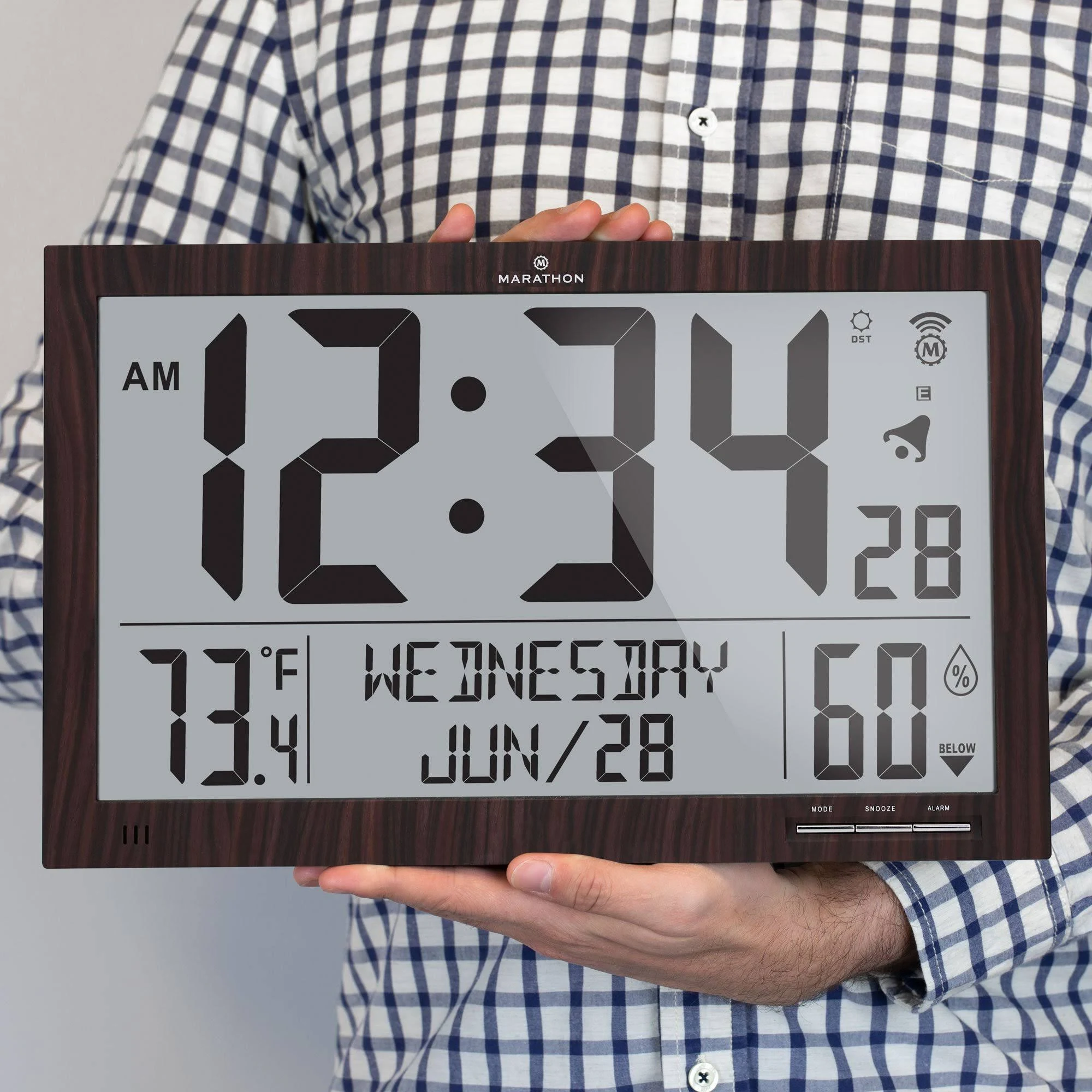 Marathon CL030062FD WD Slim Atomic Full Calendar Clock Wood