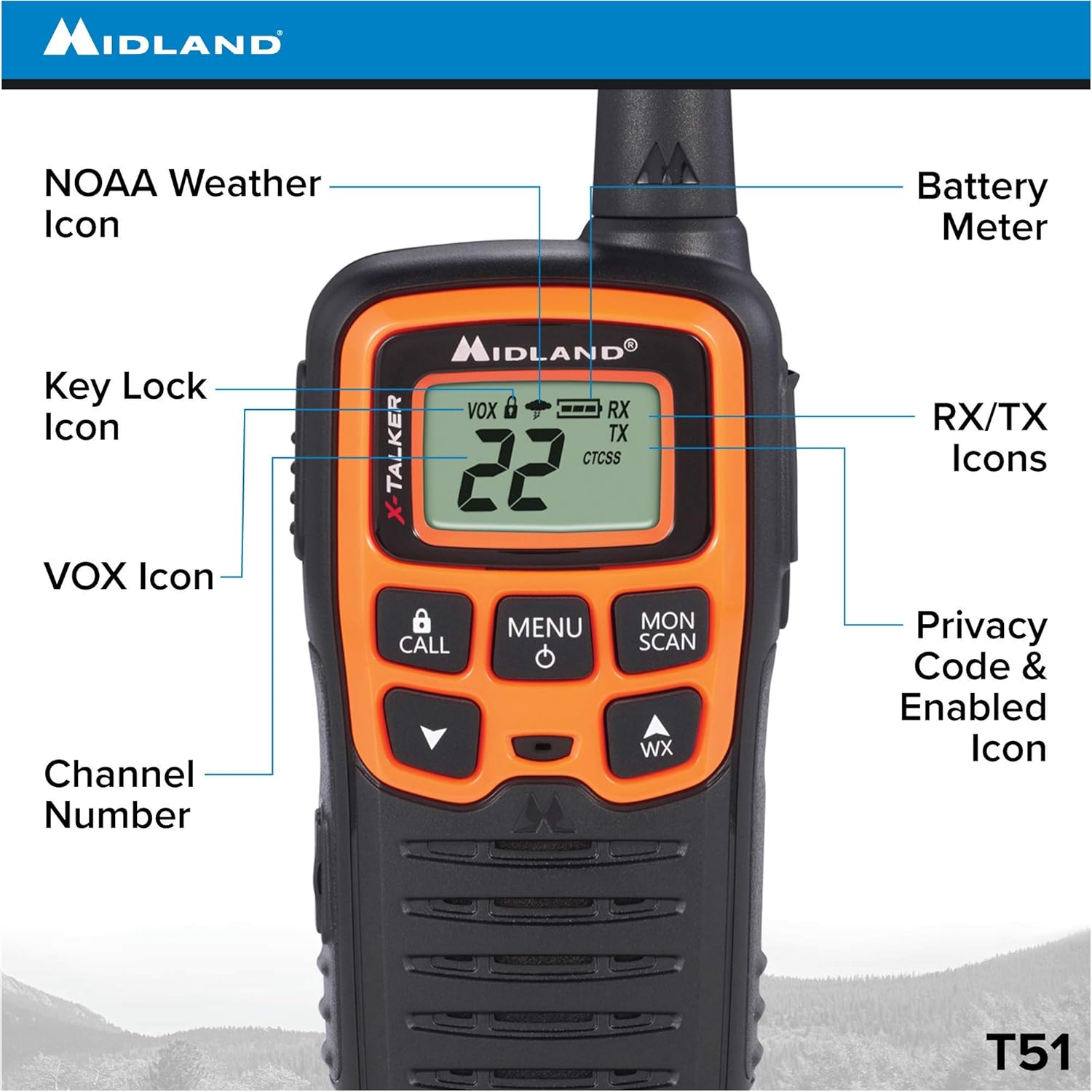 Midland T51VP3 22 Channel FRS Walkie Talkie - Up to 28 Mile Range Two-Way Radio - Orange/Black (Pack of 6)