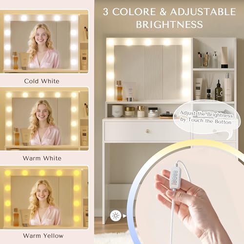 Vanity Desk with Mirror and Lights, Diamond Edition Vanity Desk, Makeup Vanity Table with 3 Drawers & 5 Open Shelves
