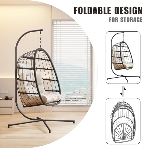 HWB Hanging Egg Chair with Stand, Patio Wicker Hammock Egg Swing Chair with Cushion for Bedroom Garden Indoor Outdoor (Beige)