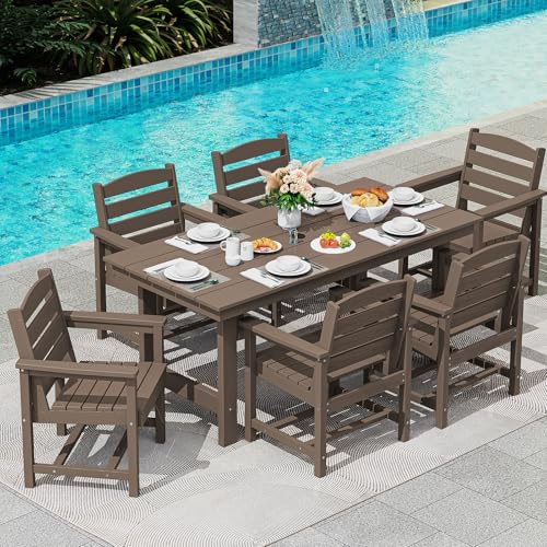SERWALL Outdoor HDPE Dining Table Set, 7-Piece Outdoor Dining Table Sets with Umbrella Hole Cut-Out Table and 6 Chairs, Gray