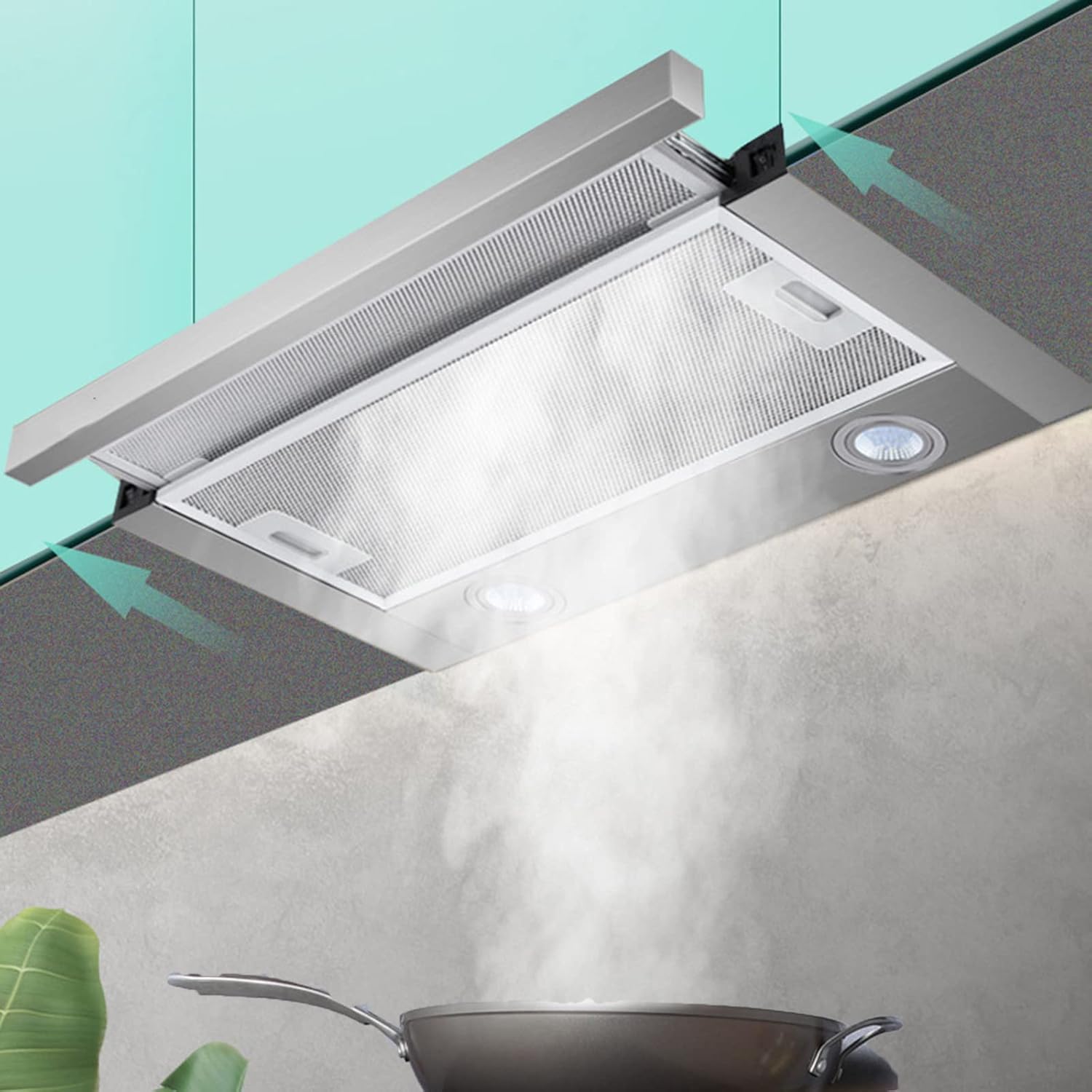 Kitchen Extractor Hood, Stainless Steel Cooker Hood, 600mm Built-in Extractor Fan with LED Light, Inner Loop, Hidden Pull-out Range Hood