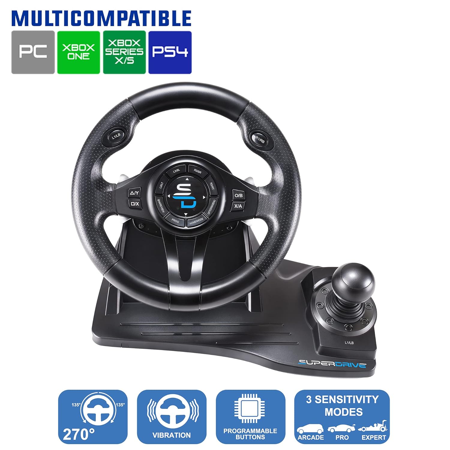Superdrive - GS550 steering racing wheel with pedals, paddles, shifter and vibration (Compatible with Xbox Series X/S, Xbox One, PS4, PS3, Switch, PC)