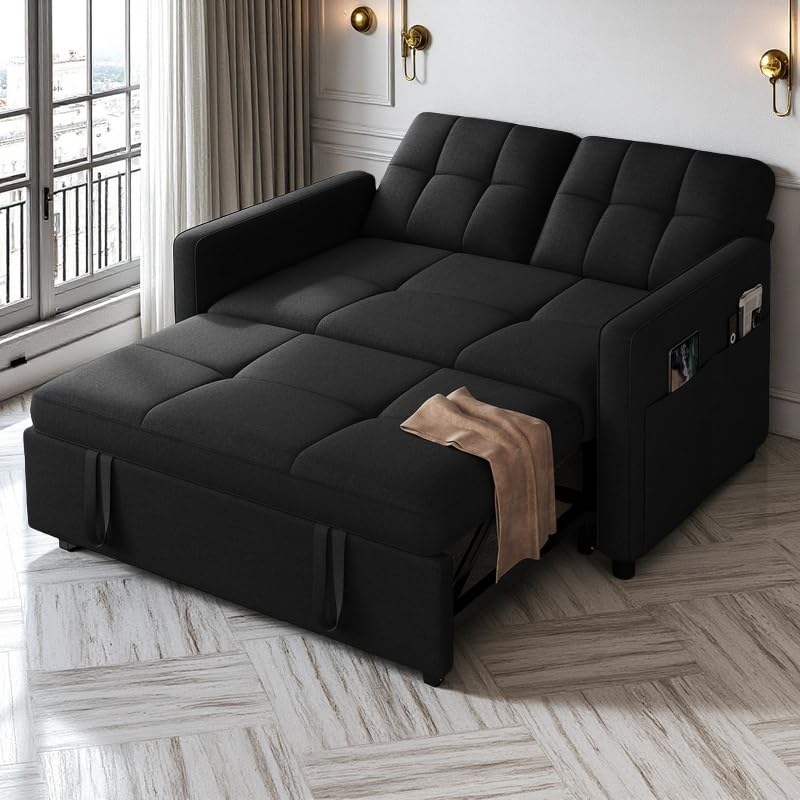 DWVO 55" Convertible Sofa Bed, 3-in-1 Sleeper Sofa with Pull-Out Bed, Linen Futon Couch with Adjustable Backrest and Side Pocket