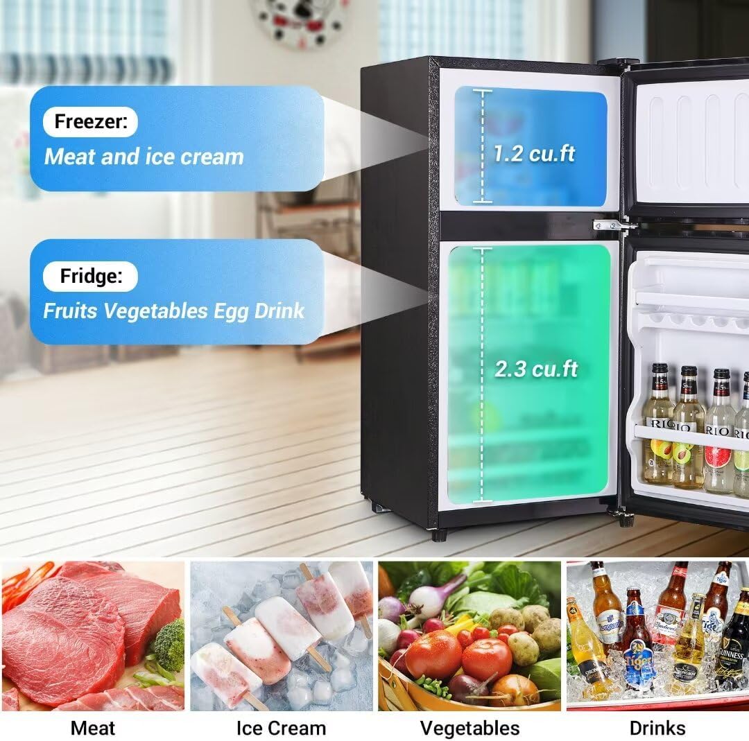 Compact Refridgerator with Freezer, 3.5 Cu.Ft Small Refrigerator with 7 Level Adjustable Thermostat Control for Kitchen, Dorm, Apartment, Office