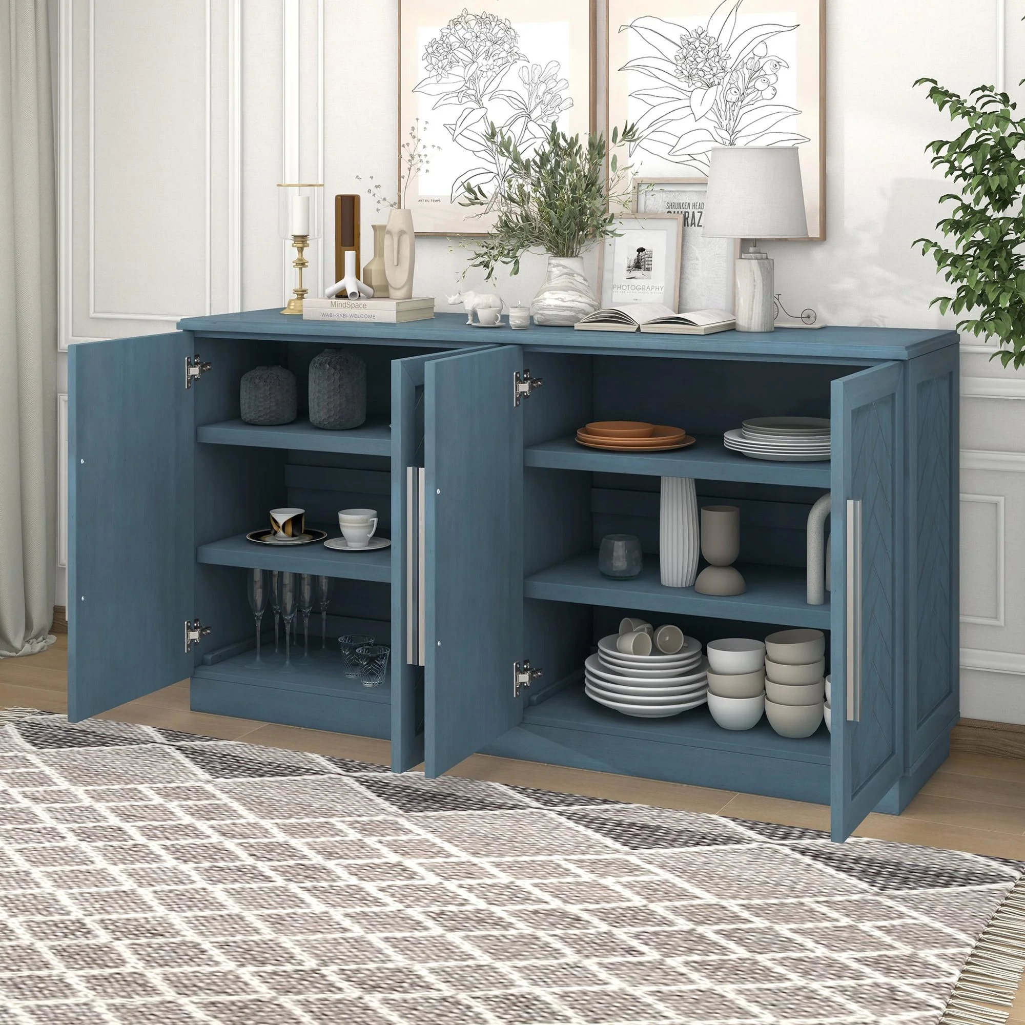 Blue Buffet Cabinet, FURNINEST Accent Cabinet with 4 Doors, Farmhouse Buffet Cabinet with Adjustable Shelves
