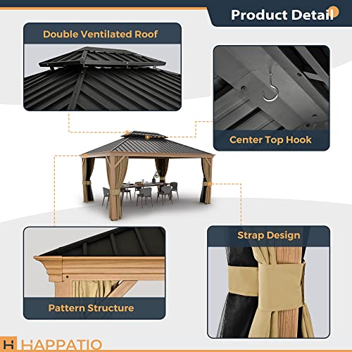 HAPPATIO 10' x 12' Hardtop Gazebo with Netting and Curtains, Double Roof Permanent Patio Metal Gazebo Canopy for Patio, Deck, Backyard （Gray）
