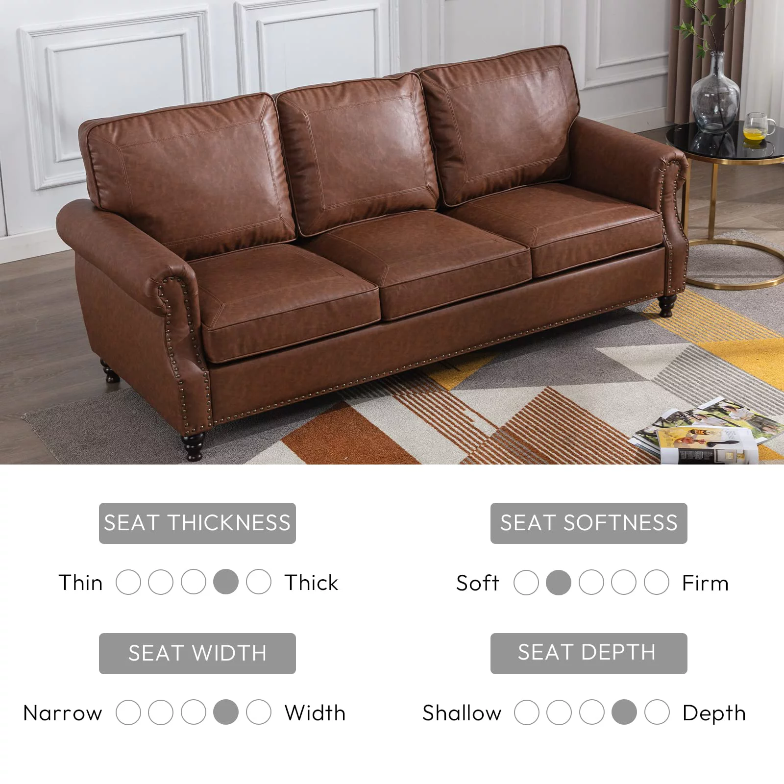 Dreamsir 80" Faux Leather Sofa Couch - Traditional 3-Seater with Nailhead Trim, Rolled Arms, and Easy Assembly (Chocolate Brown)