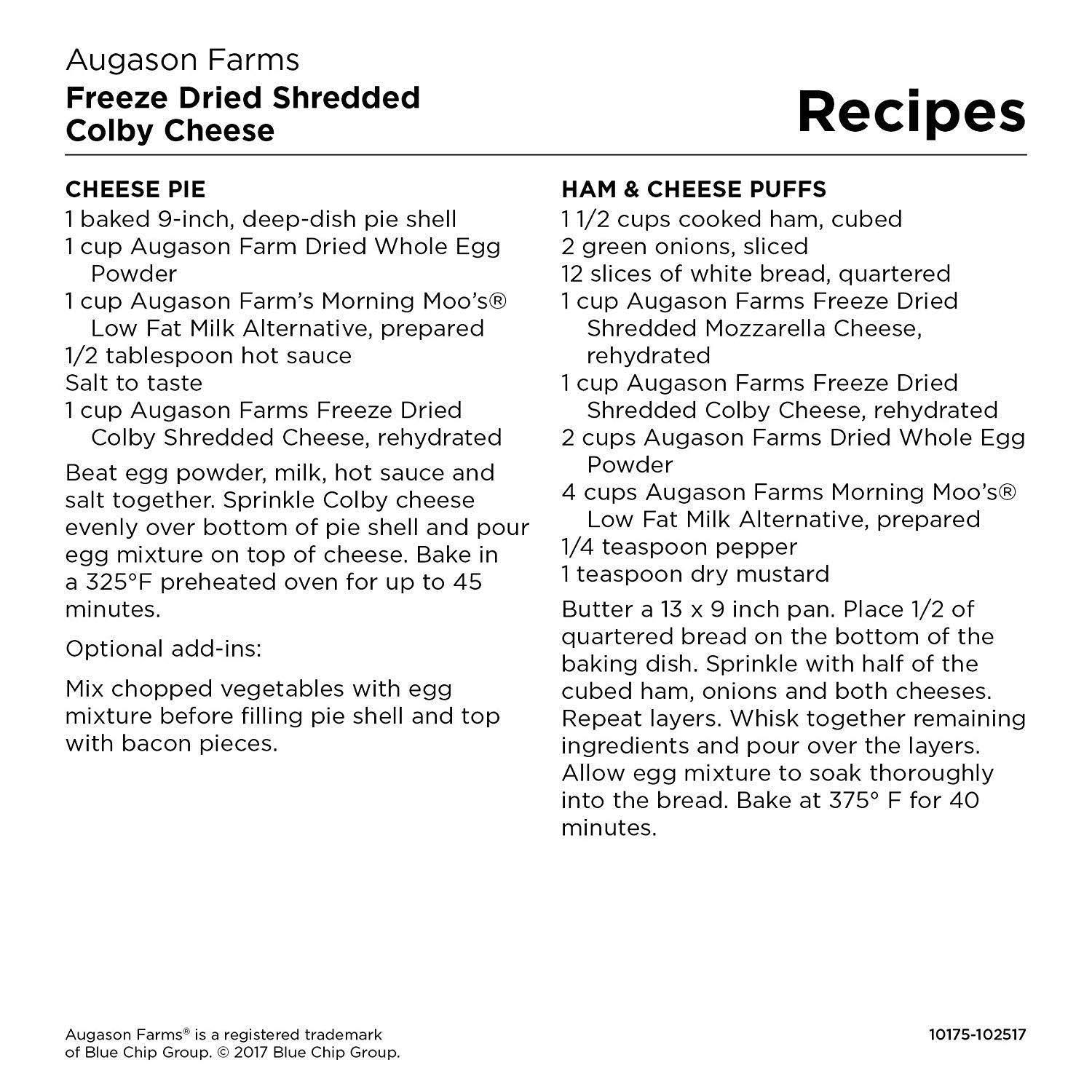 Augason Farms Freeze Dried Shredded Colby Cheese 1 lbs 14 oz NO. 10 Can