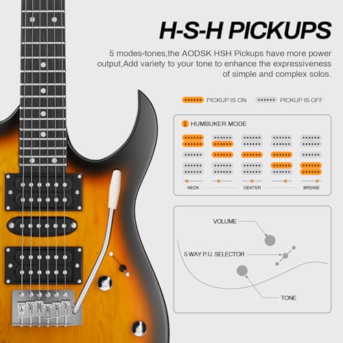 AODSK Electric Guitar with Amp Beginner Kit 39 Inch Solid Body Full Size,All Accessories,Digital Tuner,Six Strings,Four Picks,Tremolo Bar,Strap