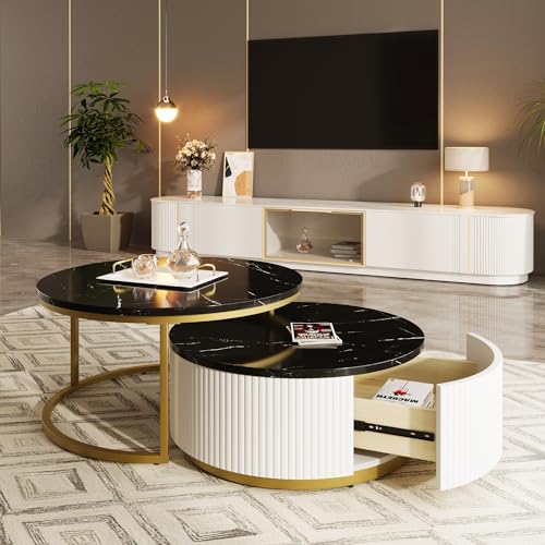 Modern Round Nesting Coffee Table Fluted with Drawer in White & Gold in 31.5''