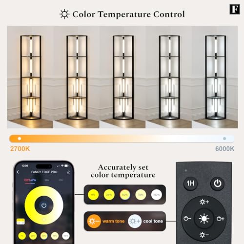 FENLO Fancy - LED Display Shelf with Dimmable Lights, LED Shelf Floor Lamps for Living Room, Sturdy Corner Shelf Curio Cabinet Display