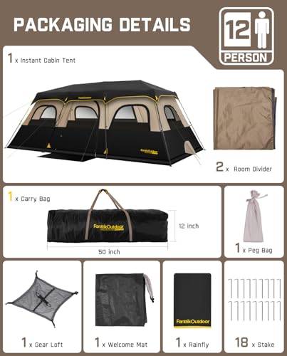 FanttikOutdoor Instant Cabin Tent 6/8/10/12 Person Camping Tent Setup in 60 Seconds with Rainfly & Windproof Portable with Carry Bag for Family