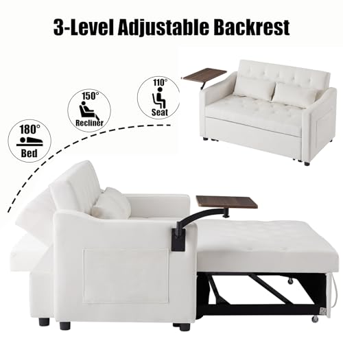 68.11" Corduroy Sleeper Chair Bed with USB Port, Cup Holders & Side Storage Pockets – 3-in-1 Foldable Sofa Bed for Guest Room, Living Room – White