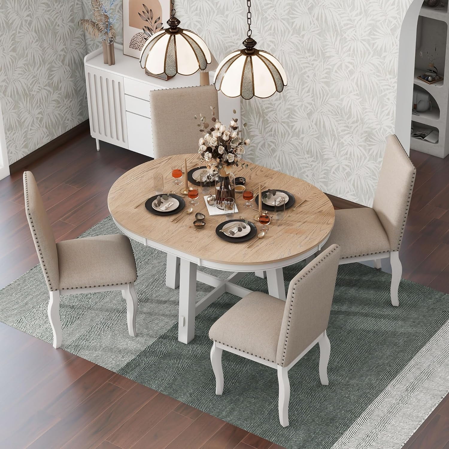 5-Piece Farmhouse Extendable Round Dining Table and Upholstered Chair Set, Round Dining Table with Shelf, Wood Dining Table Set for Family Dining Area