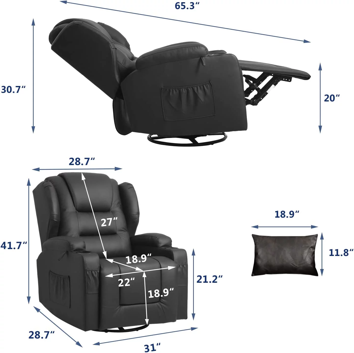 IPKIG Manual Recliner Chair, Faux Leather 360 Degree Swivel Rocker Recliner Chairs for Living Room