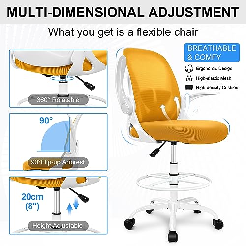 Primy Drafting Chair Tall Office Chair with Flip-up Armrests Executive Ergonomic Computer Standing Desk Chair with Lumbar Support and Adjustable