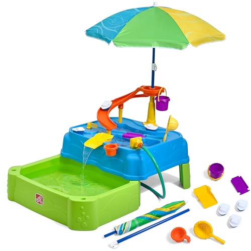 Step2 Waterpark Wonders Two-Tier Water Table, Kids Water Activity Sensory Playset, Comes with Umbrella, Summer Outdoor Toys