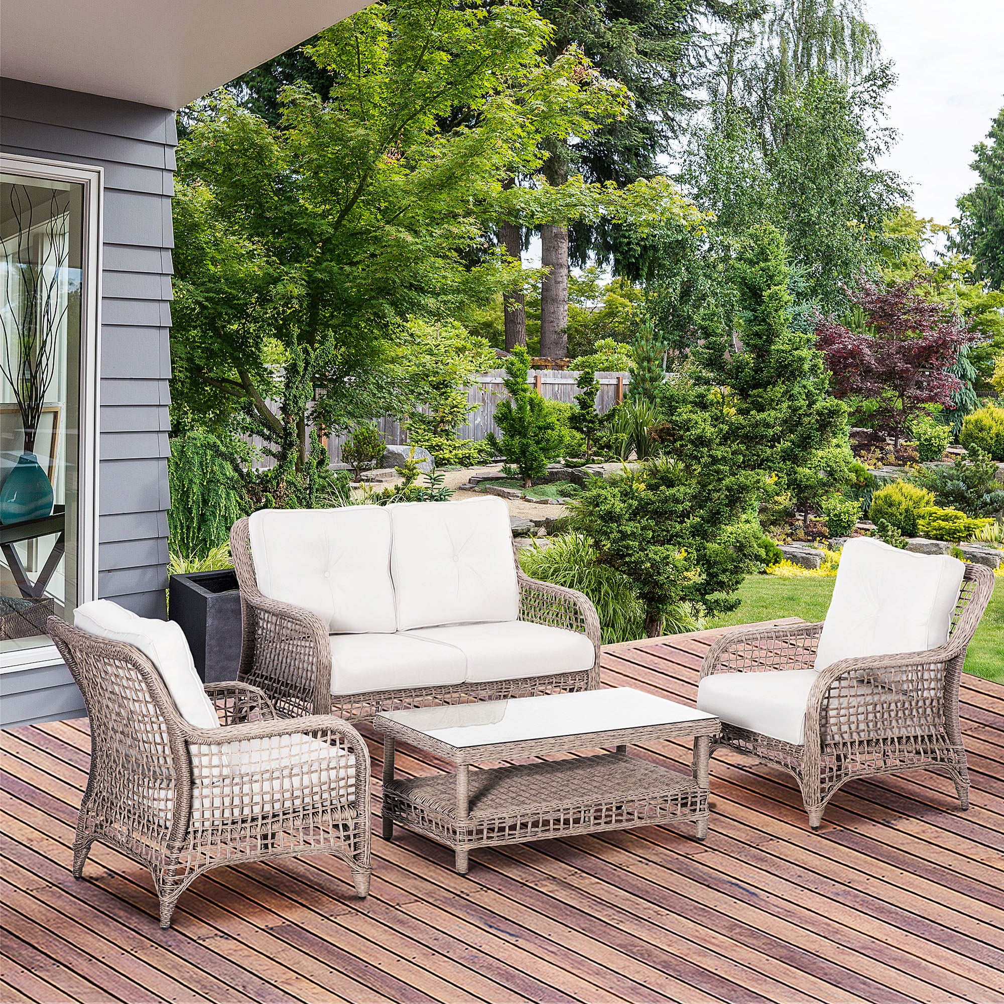 Outsunny 4pc Outdoor Patio Furniture Set, 2 Rattan Chairs, 1 PE Wicker Loveseat Sofa, 1 Center Coffee Table w/ Tempered Glass Table-Top