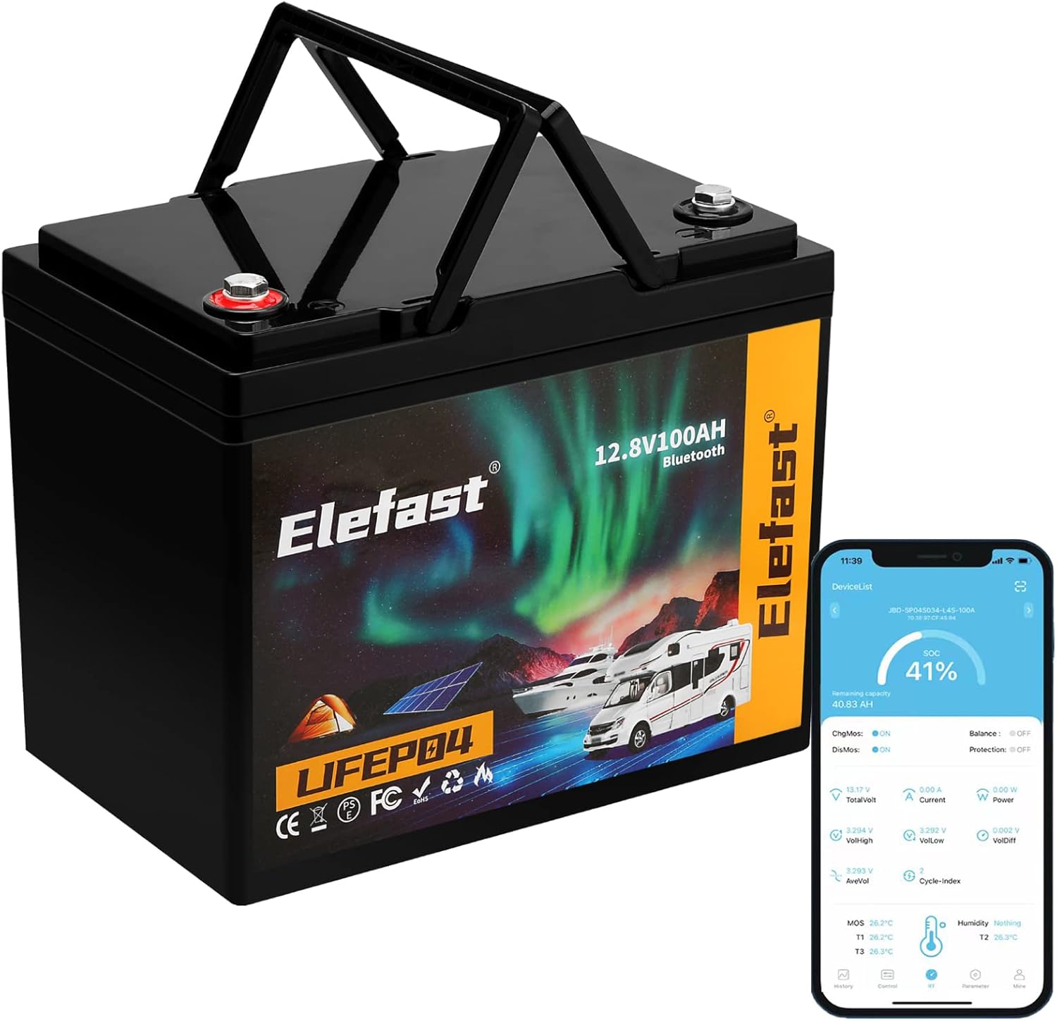 Elefast 12V 100Ah Bluetooth LiFePO4 Lithium Battery, BCI Group 24,Low Temperature Protection Up to 20000 Cycles