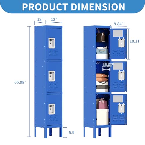 3 Doors Lockers for Employees, Steel Storage Lockers Lockable, Metal Locker Storage Cabinet for Home Office School Gym, Require Assembly (Grey)