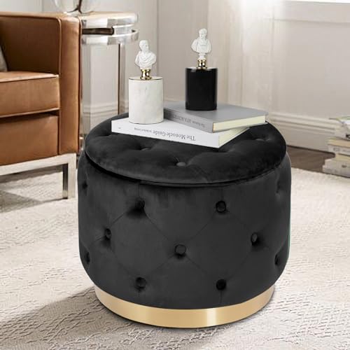 Button Tufted Velvet Round Storage Ottoman, Modern Upholstered Foot Rest Stool with Gold Plating Base, Accent Coffee Table seat for Living Room
