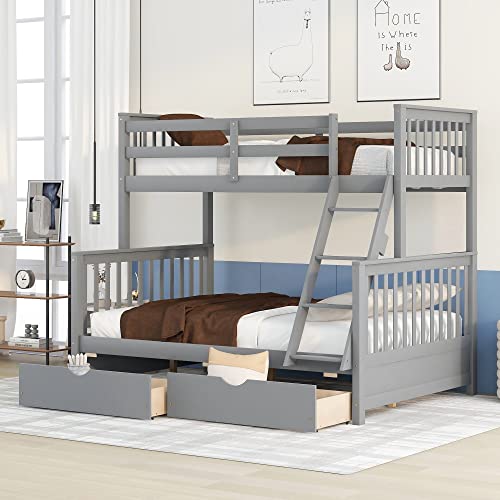 Ball & Cast Full Over Full Bunk Bed with Twin Size Trundle and Built in 4 Drawer,Wood Bunkbed w/Storage Ladder & Slat Support