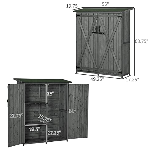 Outsunny Outdoor Storage Cabinet with Waterproof Asphalt Rood, Lockable Doors, 3 Tier Shelves, Wooden Garden Shed Utility Tool Organizer for Lawn
