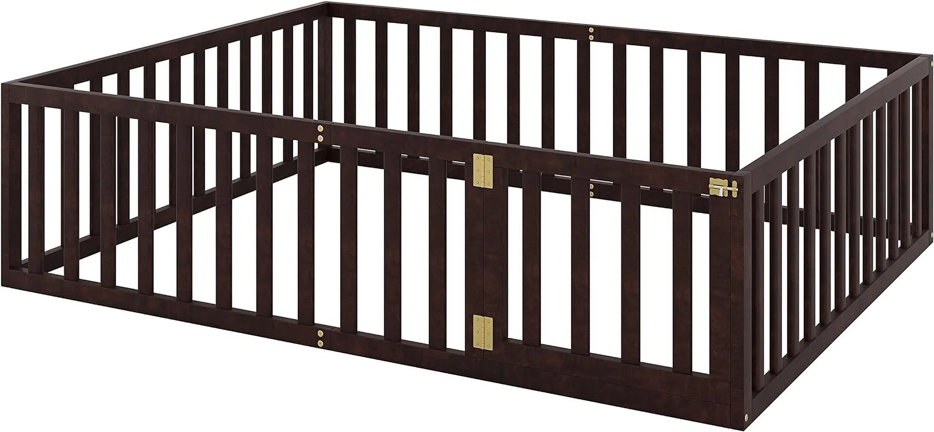 Queen Floor Bed With Fence For Kids, Montessori Floor Bed, Wood Platform Bed Frame Cabin Bed For Girls Boys, Walnut