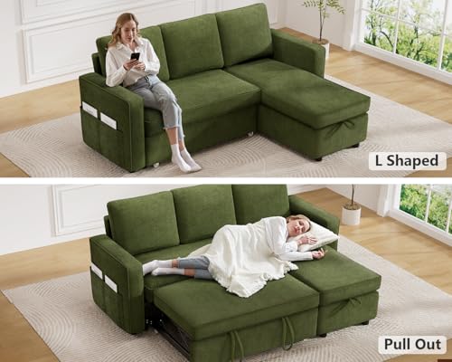 81" Sleeper Sofa Bed with Pull Out Bed, L Shaped Couch Sectional Sleeper Sofa, Pull Out Couch with Reversible Storage Chaise, Side Pockets