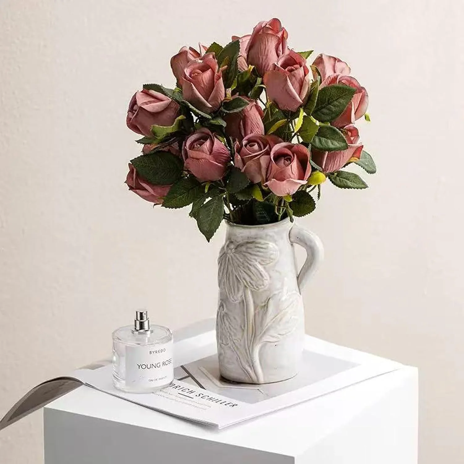 White Ceramic Vase with Handle, Boho Style