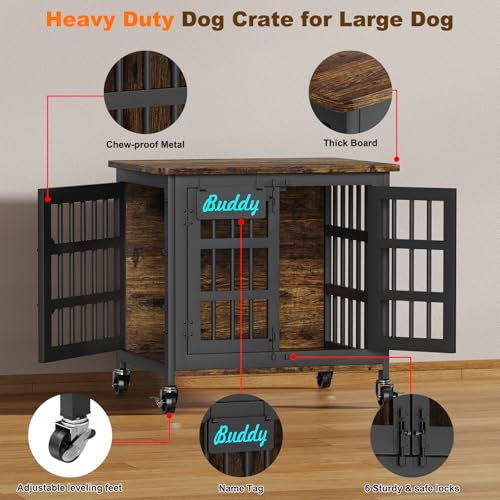 EasyCom 48"/42"/33" Dog Crate Furniture with Name Tag, Heavy Duty Dog Kennel Indoor for Large Dogs