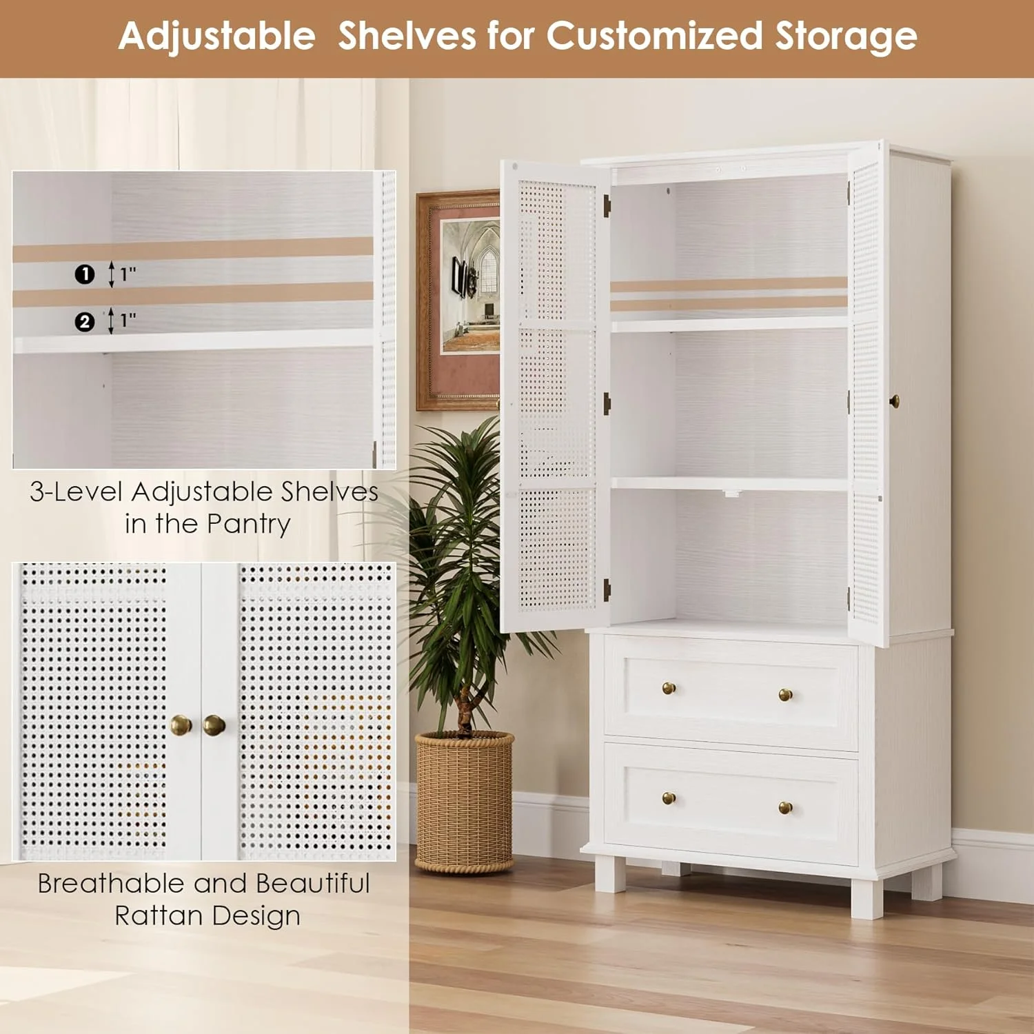Kitchen Pantry Storage Cabinet, Tall Cabinet with Rattan Doors and 2 Drawers, Freestanding Cupboard with Adjustable Shelves