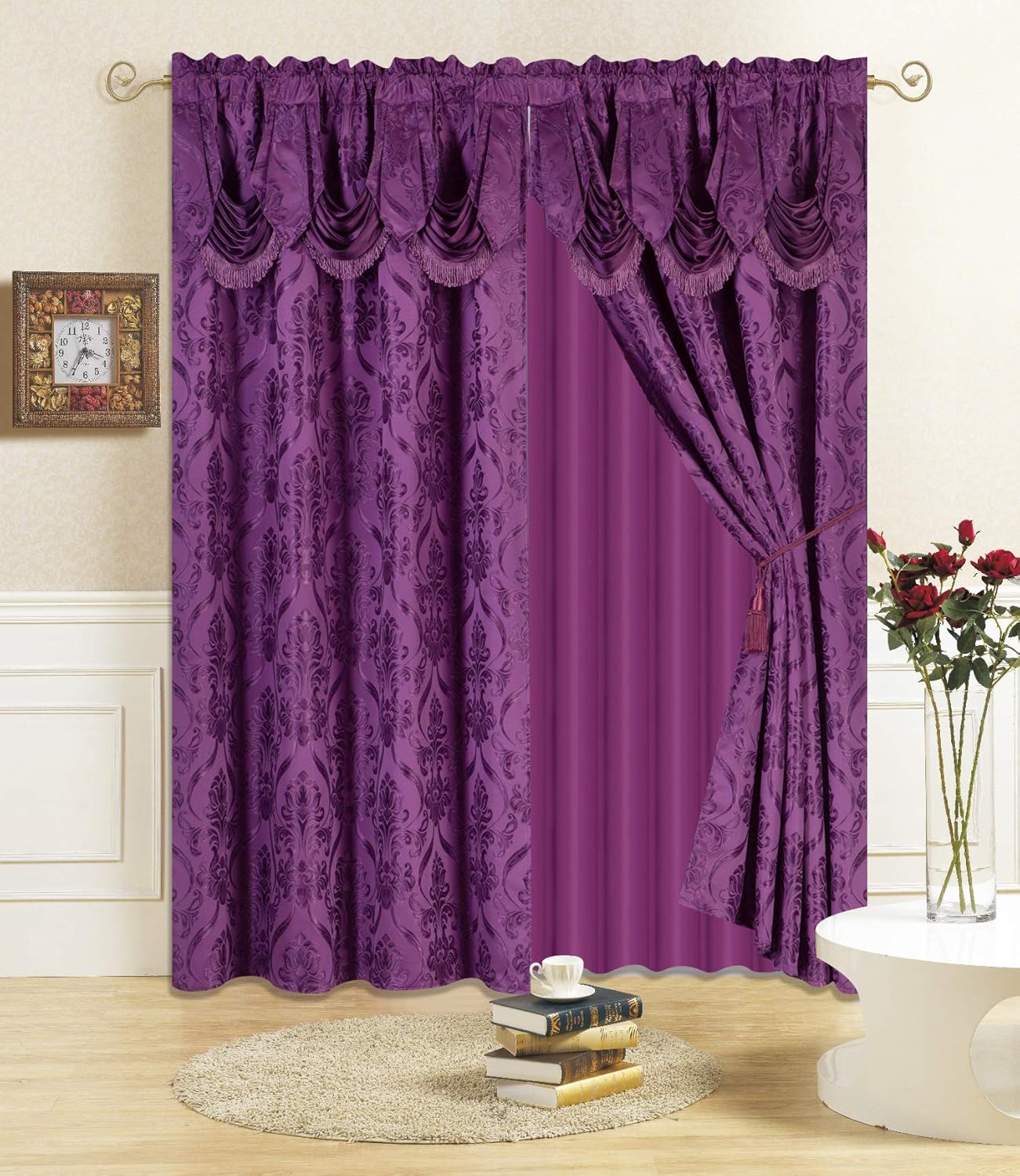 All American Collection New 4 Piece Drape Set with Attached Valance and Sheer with 2 Tie Backs Included (63" Length, Orange)